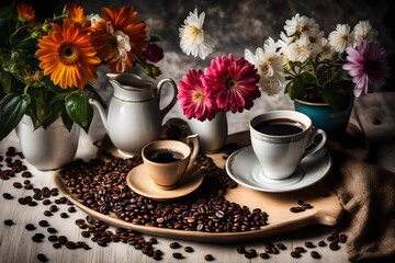 Obraz na płótnie Canvas cup of coffee and flowers, Ultra High HD Quality
