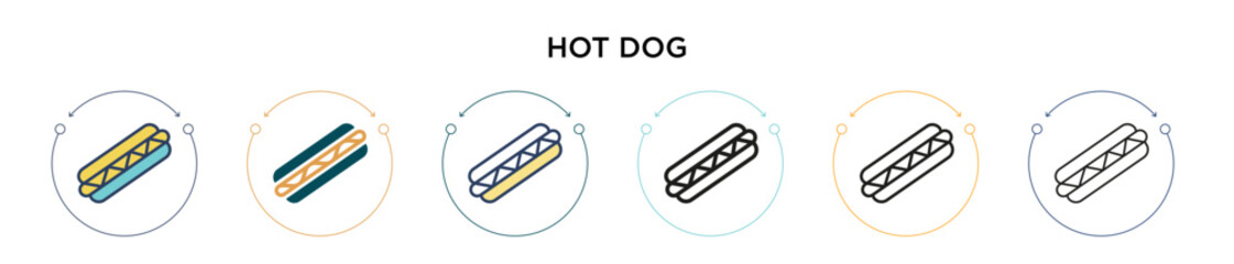 Hot dog icon in filled, thin line, outline and stroke style. Vector illustration of two colored and black hot dog vector icons designs can be used for mobile, ui, web