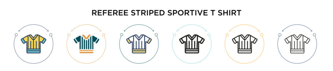 Referee striped sportive t shirt icon in filled, thin line, outline and stroke style. Vector illustration of two colored and black referee striped sportive t shirt vector icons designs can be used for