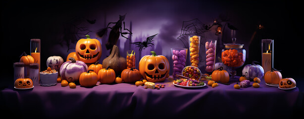 Top view photo of halloween decorations with pumpkins and candies on violet background. Banner size. Generative Ai   © olyphotostories