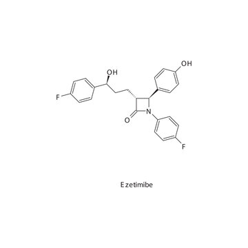Ezetimibe flat skeletal molecular structure Cholesterol absorption inhibitor drug used in hyperlipidemia treatment. Vector illustration.