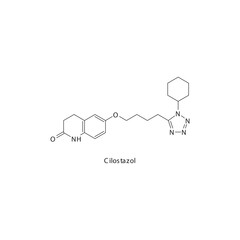 Cilostazol flat skeletal molecular structure PDE3 inhibitor drug used in risk of thrombosis treatment. Vector illustration.