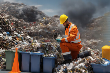 Workers sorting garbage at the household waste landfill - obrazy, fototapety, plakaty