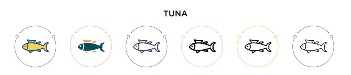 Tuna icon in filled, thin line, outline and stroke style. Vector illustration of two colored and black tuna vector icons designs can be used for mobile, ui, web