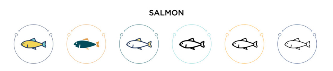 Fototapeta premium Salmon icon in filled, thin line, outline and stroke style. Vector illustration of two colored and black salmon vector icons designs can be used for mobile, ui, web