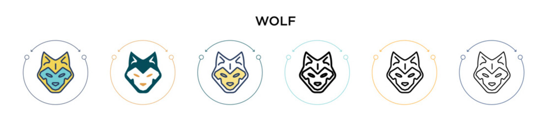 Wolf icon in filled, thin line, outline and stroke style. Vector illustration of two colored and black wolf vector icons designs can be used for mobile, ui, web