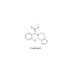 Clopidogrel flat skeletal molecular structure P2Y12 inhibitor drug used in risk of thrombosis treatment. Vector illustration.