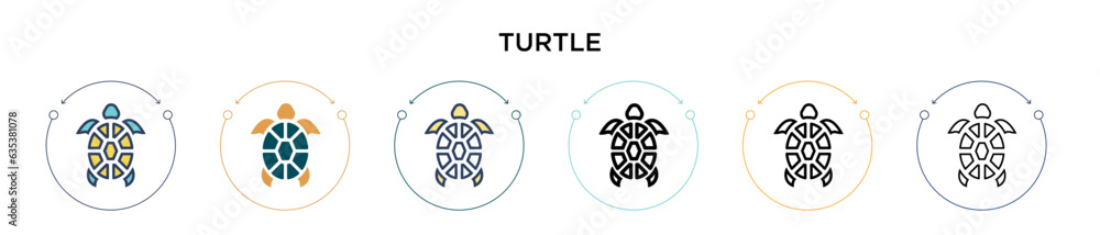 Poster turtle icon in filled, thin line, outline and stroke style. vector illustration of two colored and b