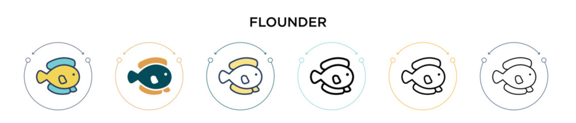 Obraz premium Flounder icon in filled, thin line, outline and stroke style. Vector illustration of two colored and black flounder vector icons designs can be used for mobile, ui, web
