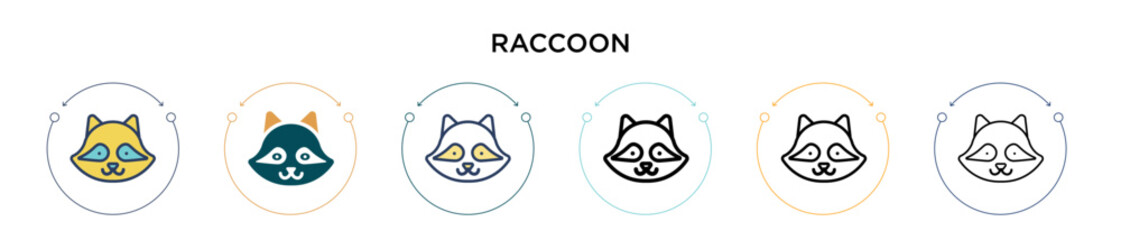 Raccoon icon in filled, thin line, outline and stroke style. Vector illustration of two colored and black raccoon vector icons designs can be used for mobile, ui, web