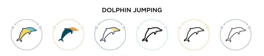 Dolphin jumping icon in filled, thin line, outline and stroke style. Vector illustration of two colored and black dolphin jumping vector icons designs can be used for mobile, ui, web