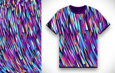 Fabric textile design for sport t-shirt with colorful triangular shattered sharp fragments. Front t-shirt mockup template design with vibrant irregular debris texture. Vector Illustration