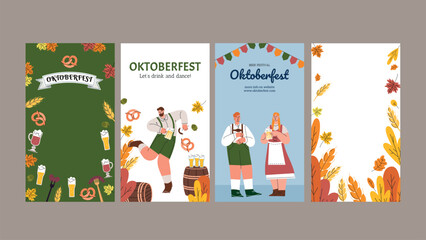 Fototapeta premium Oktoberfest instagram stories template. Beer Festival. People Wearing Traditional Clothes and holds a mug of beer. Vector flat illustration with lettering and autumn leaves.