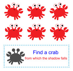Educational game for kids. Find a crab from which the shadow falls.