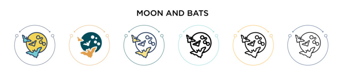 Moon and bats icon in filled, thin line, outline and stroke style. Vector illustration of two colored and black moon and bats vector icons designs can be used for mobile, ui, web