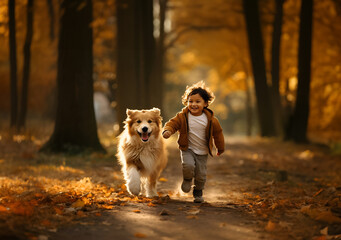 Little boy running with dog by beautiful park alley or fall forest on autumn day