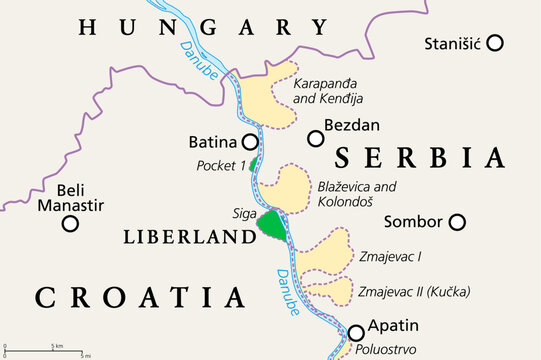 Liberland, political map. Free Republic of Liberland, unrecognized micronation in Europe, claiming Siga, an uninhabited parcel of disputed land on western bank of Danube, between Croatia and Serbia.