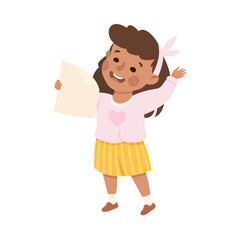 Little Girl Character Standing and Tell Story or Recite Poetry from Paper Vector Illustration