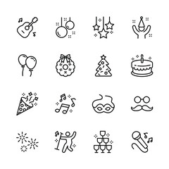 christmas, new year , happy celebration, party thin line icons set, such as music, gift, firework, confetti, food and wine. isolated vector illustration