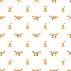 Vector seamless pattern with dinosaur and volcano