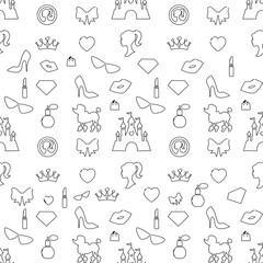 Pattern set icons with girl, women, party 