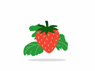 Strawberry red fruit resting on three green berry leaves, Vector graphic illustration. Isolated white background can be for templates and for other needs