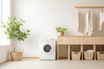 Laundry room, minimalist style, with plants - obrazy, fototapety, plakaty