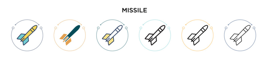 Missile icon in filled, thin line, outline and stroke style. Vector illustration of two colored and black missile vector icons designs can be used for mobile, ui, web