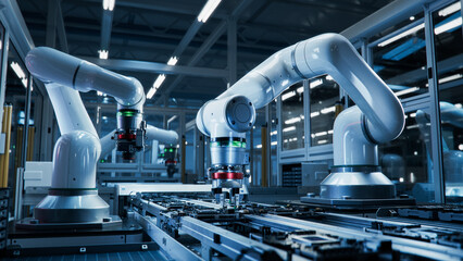 Close-up of High Precision Robot Arms on Automated PCB Assembly Line Inside Modern Electronics...