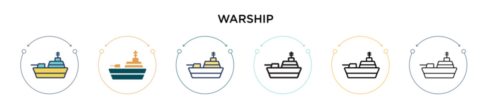 Warship icon in filled, thin line, outline and stroke style. Vector illustration of two colored and black warship vector icons designs can be used for mobile, ui, web