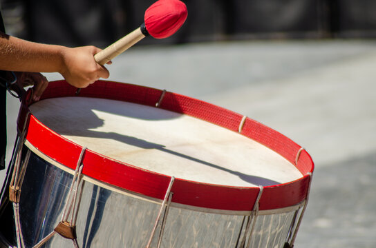 detail of a red and white bass drum, music instruments