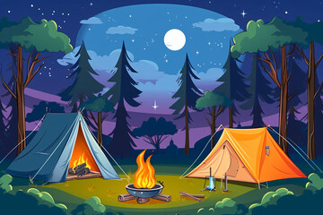Jungle camping adventure in cartoon