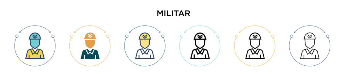 Militar icon in filled, thin line, outline and stroke style. Vector illustration of two colored and black militar vector icons designs can be used for mobile, ui, web