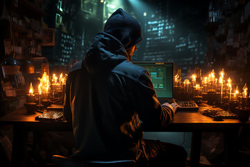 Obraz premium hacker sitting at the computer, cyber security and anti-spyware concept 