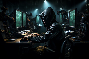 hacker sitting at the computer, cyber security and anti-spyware concept 