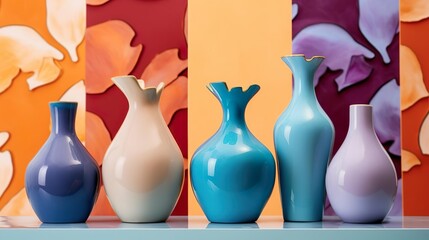 Assorted decorative vases on a colorful background