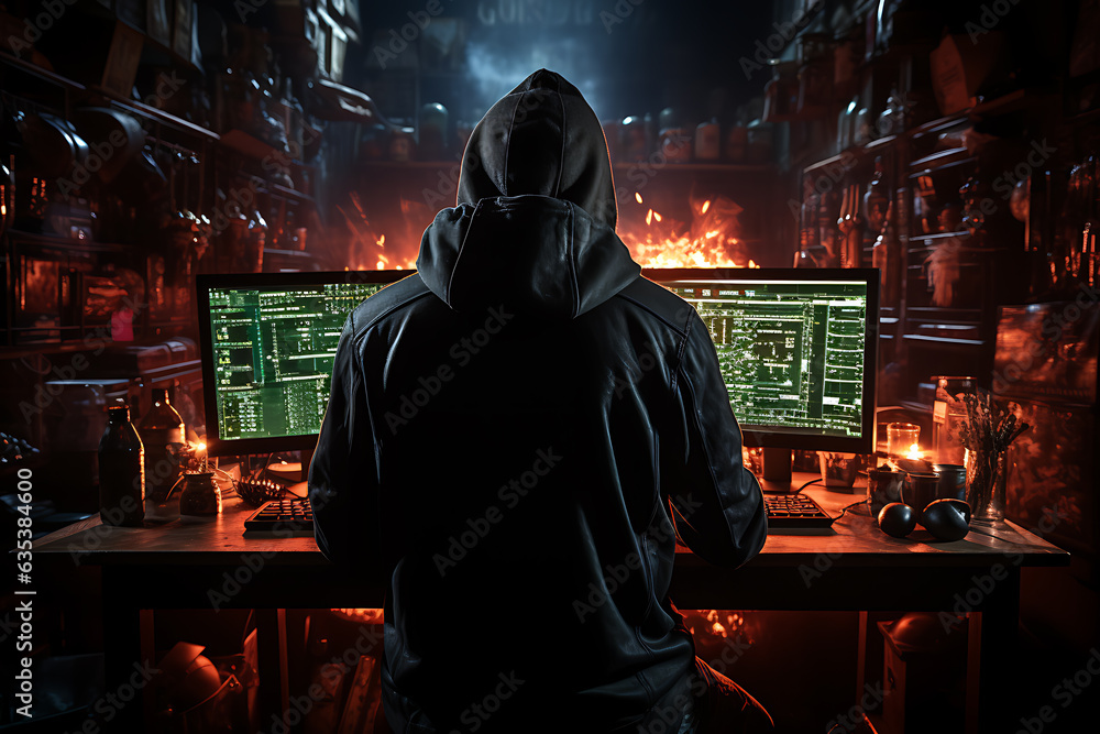 Poster hacker sitting at the computer cyber security and antispyware concept