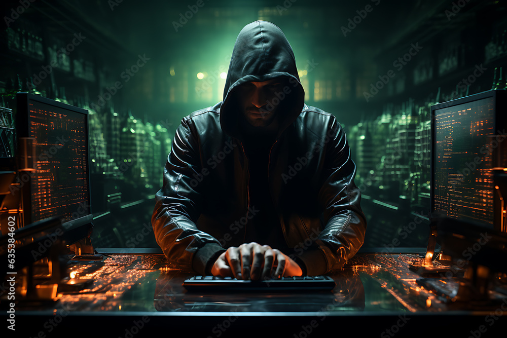 Poster hacker sitting at the computer cyber security and antispyware concept