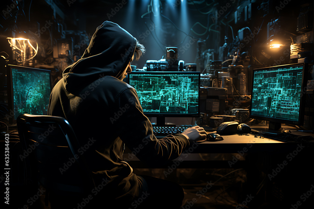 Poster hacker sitting at the computer cyber security and antispyware concept