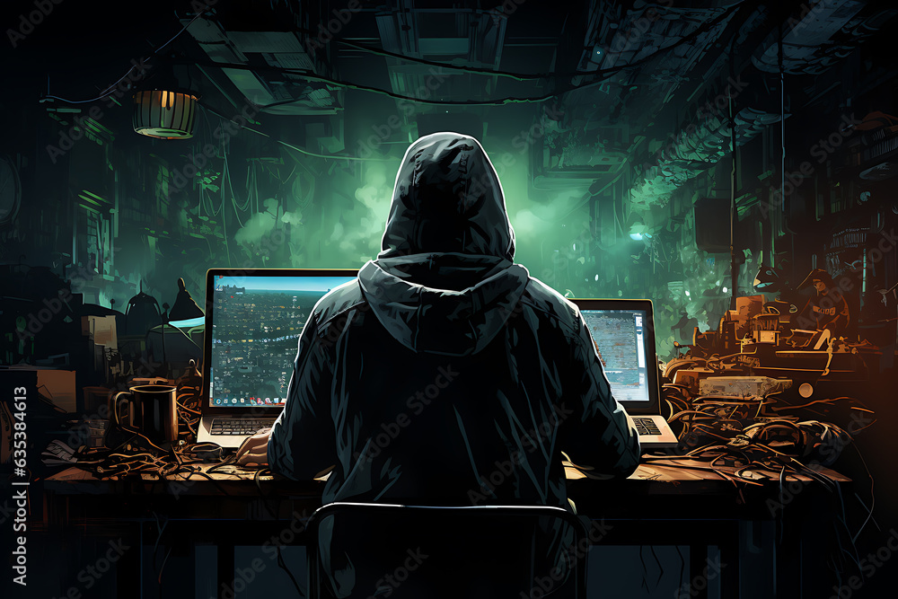 Poster hacker sitting at the computer cyber security and antispyware concept