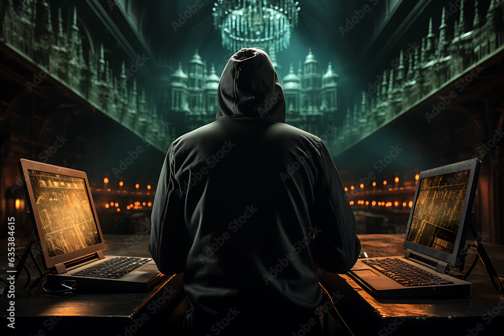 Poster hacker sitting at the computer cyber security and antispyware concept