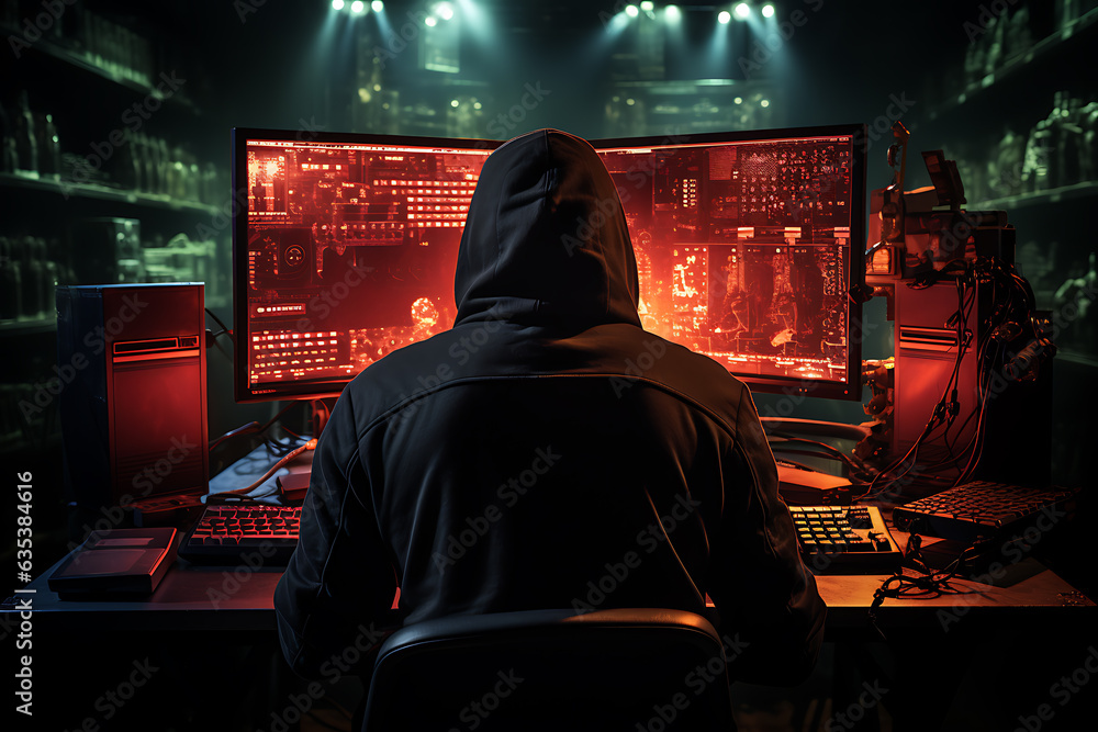 Poster hacker sitting at the computer cyber security and antispyware concept