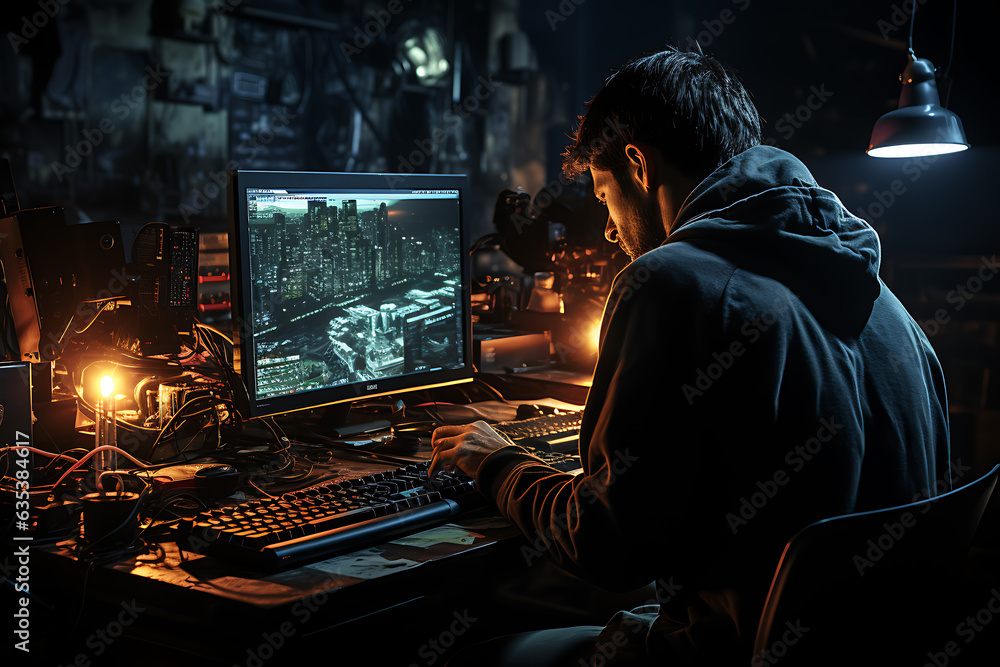 Poster hacker sitting at the computer cyber security and antispyware concept