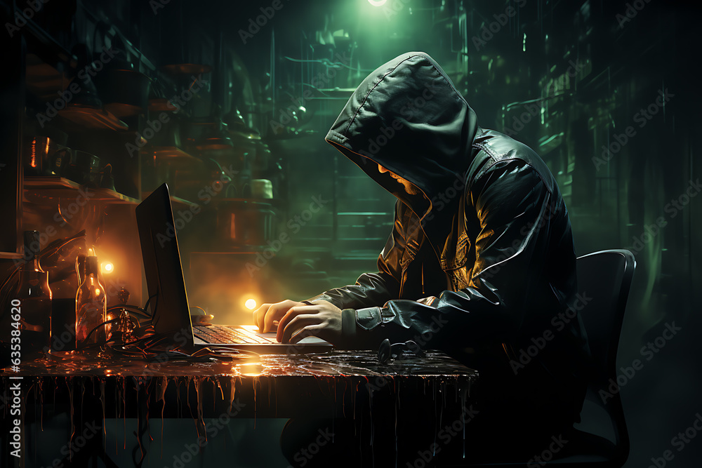 Poster hacker sitting at the computer cyber security and antispyware concept