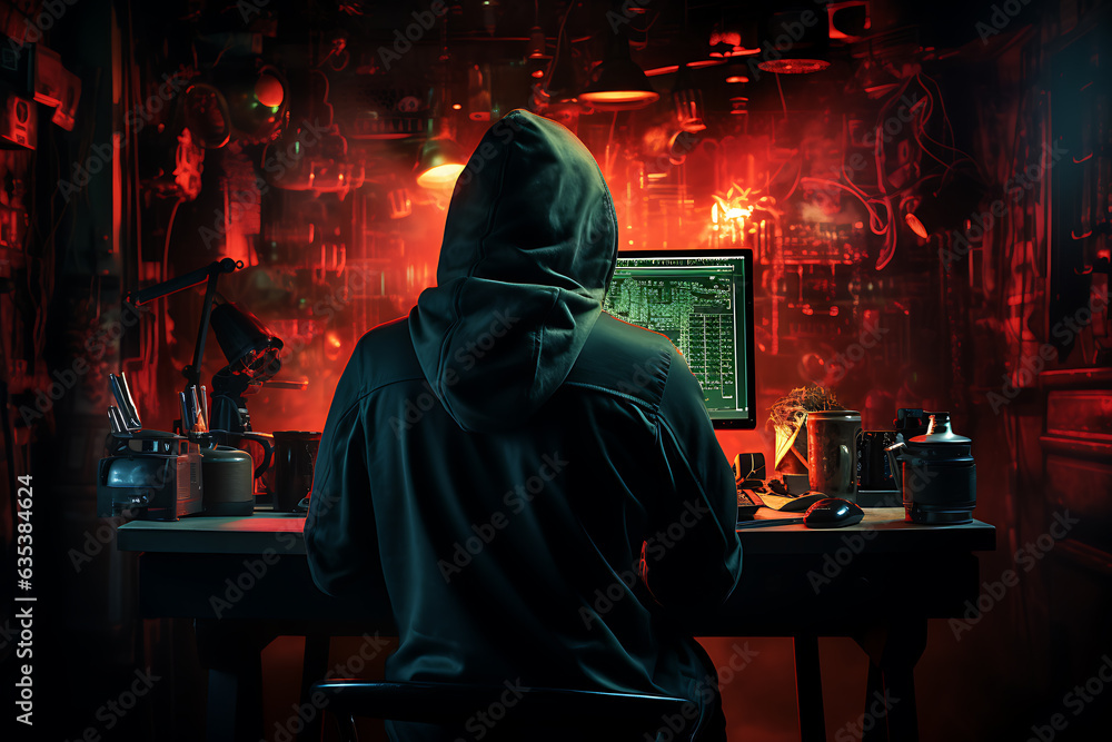 Poster hacker sitting at the computer cyber security and antispyware concept