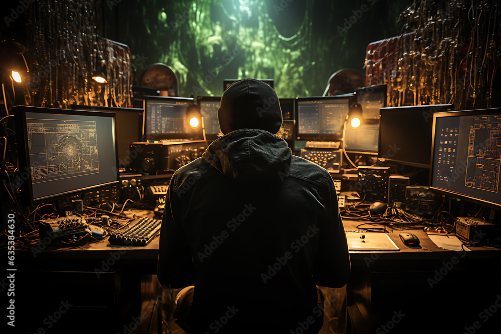 Poster hacker sitting at the computer cyber security and antispyware concept