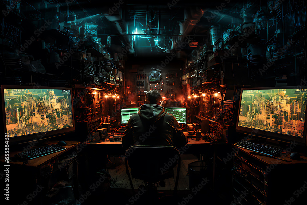 Poster hacker sitting at the computer cyber security and antispyware concept