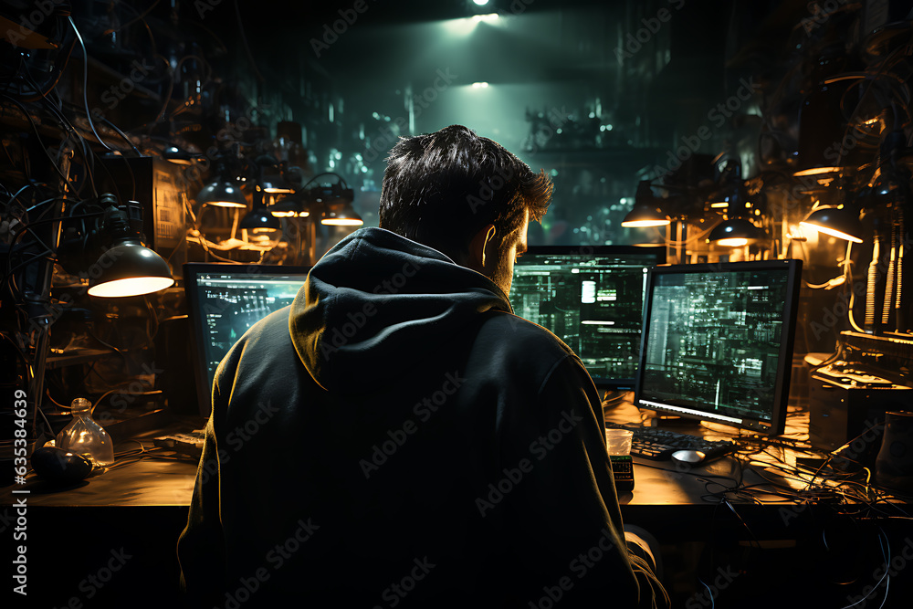 Poster hacker sitting at the computer cyber security and antispyware concept