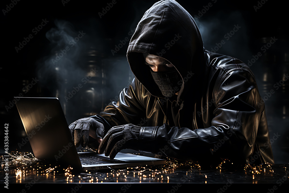 Poster hacker sitting at the computer cyber security and antispyware concept