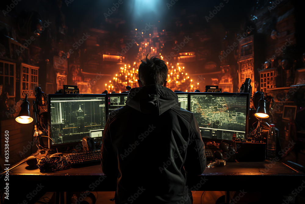 Poster hacker sitting at the computer cyber security and antispyware concept